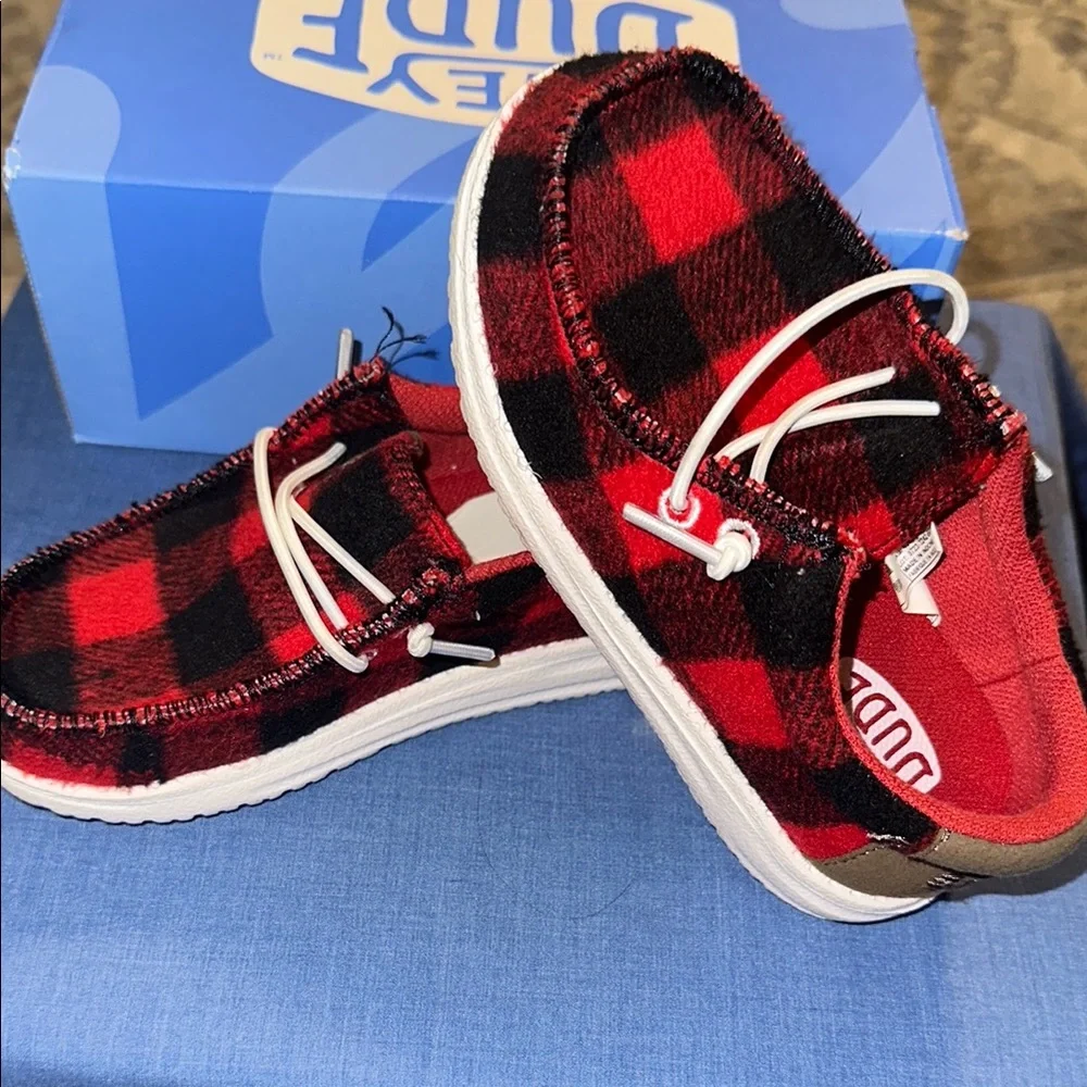Hey Dude Red Black Moccasins with Plaid Design